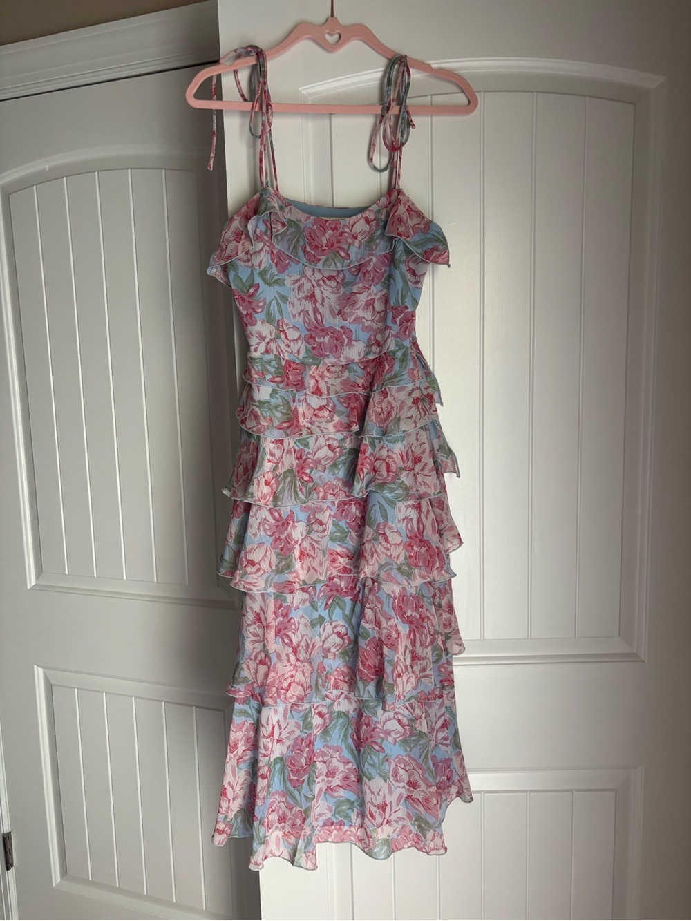 Wayf Pink and Blue Floral Tiered Ruffle Midi Dress